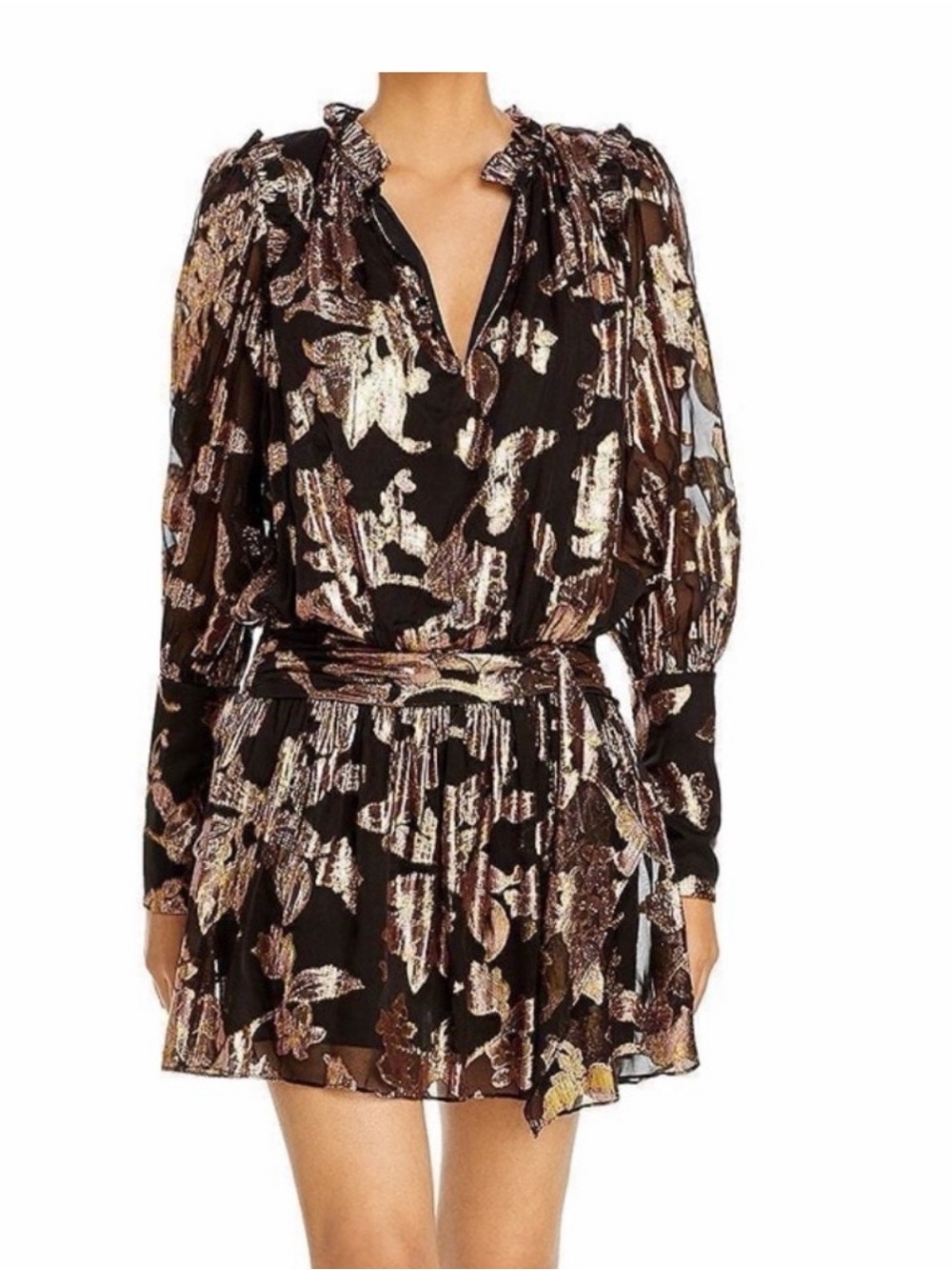 Ramy Brook Black Long-Sleeve Metallic Floral Mini Dress